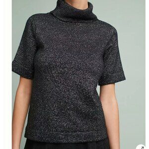 Raga Turtleneck Sweater Womens Small Black‎ Silver Metallic Short Sleeve Knit